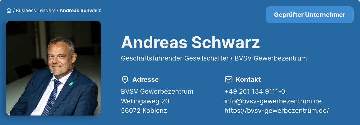 Andreas Schwarz hilft als geschäftsführender Gesellschafter des BVSV Gewerbezentrum dem Mittelstand in Deutschland bei der Risikoanalyse und weiteren Problemen.